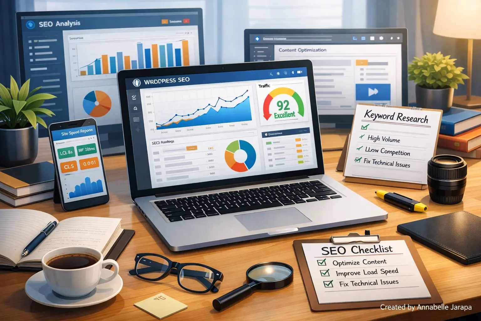 WordPress SEO dashboard showing analytics, rankings, and optimization tools