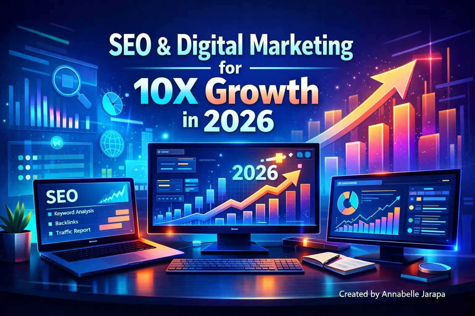 SEO and digital marketing concept with analytics dashboard and growth chart for 10X business growth in 2026