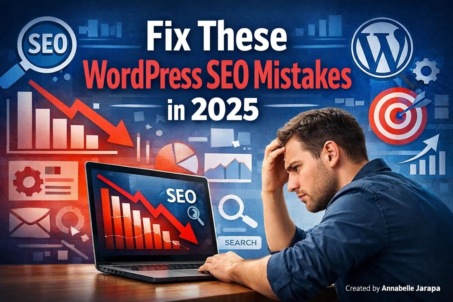 WordPress SEO mistakes illustration with declining rankings and 2025 optimization concept