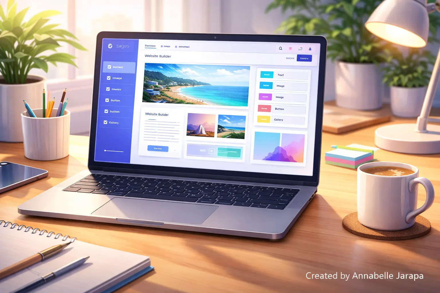 Laptop showing a free website builder interface with drag-and-drop features for beginners
