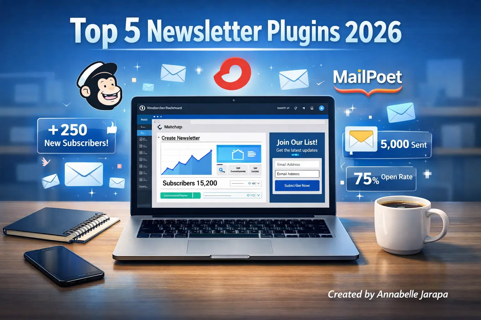 Laptop showing WordPress newsletter plugins with charts, subscriber growth, and popular tools like Mailchimp, ConvertKit, and MailPoet.