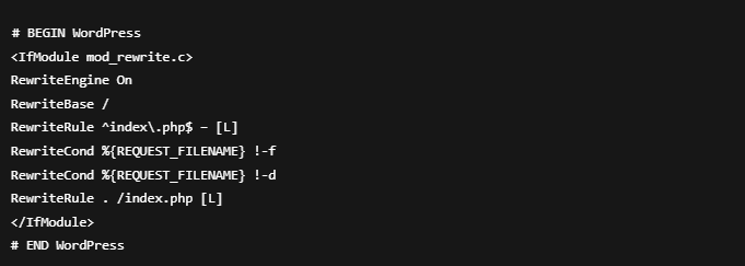 Screenshot of default WordPress .htaccess file containing Apache rewrite rules for pretty permalinks, with mod_rewrite directives and conditions to redirect non-file and non-directory requests to index.php.