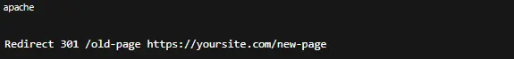 Screenshot showing a 301 redirect rule in an .htaccess file, redirecting "/old-page" to "https://yoursite.com/new-page".