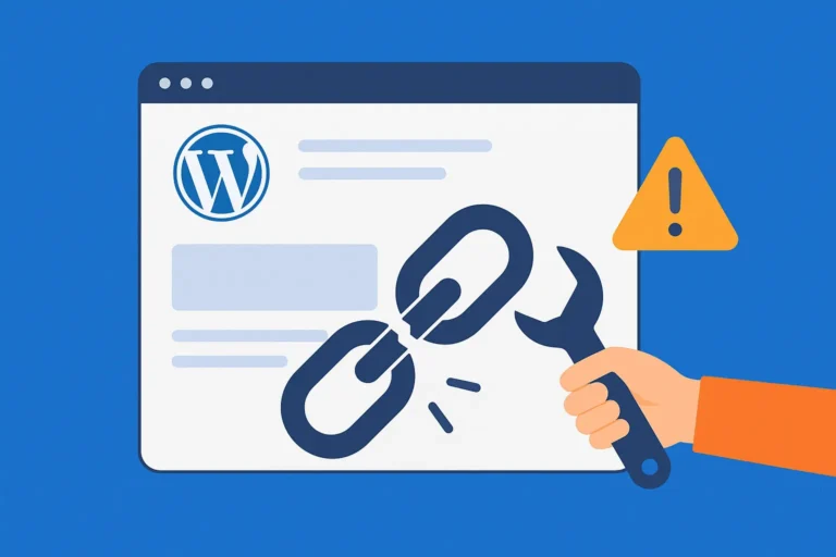 Illustration of a WordPress website with a chain link icon being repaired, symbolizing fixing broken links quickly for better SEO and user experience.
