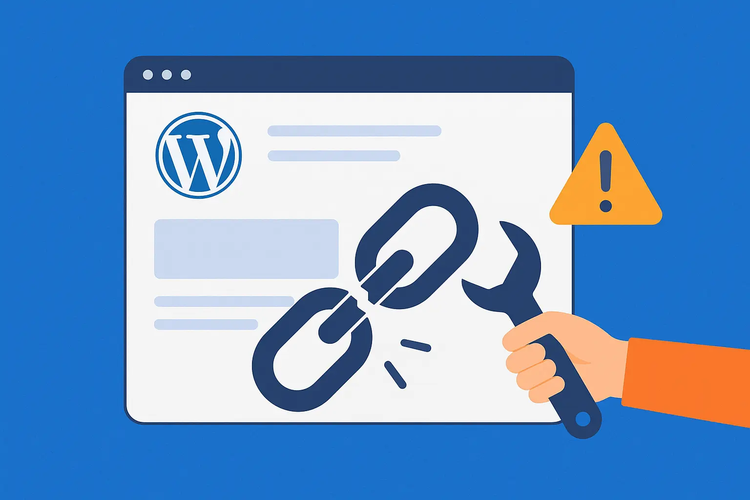Illustration of a WordPress website with a chain link icon being repaired, symbolizing fixing broken links quickly for better SEO and user experience.