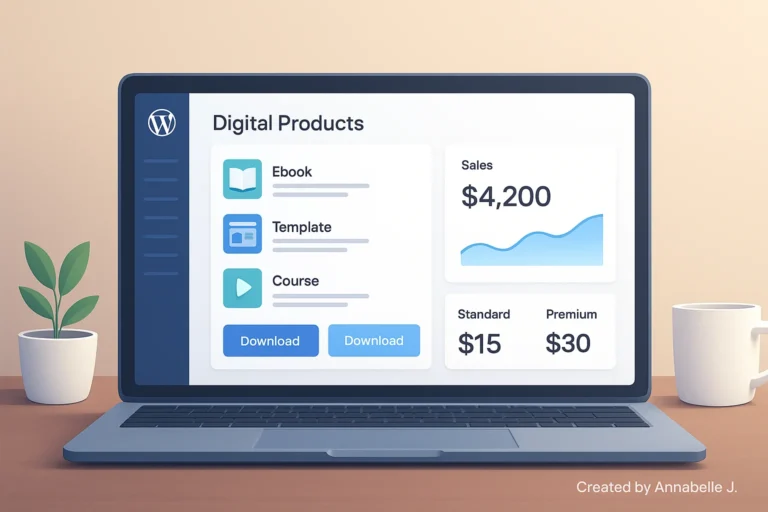 Make Money Online: Sell Digital Products Using Wordpress 6 WordPress digital product store dashboard interface in a modern 2025 design.