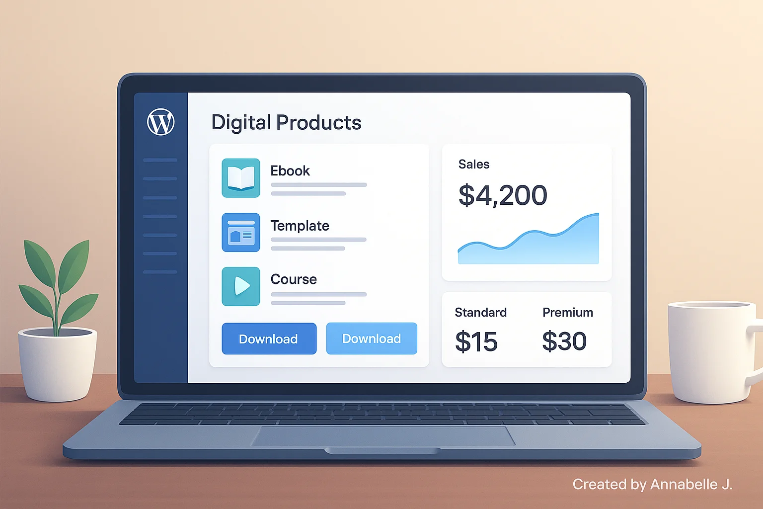 WordPress digital product store dashboard interface in a modern 2025 design.