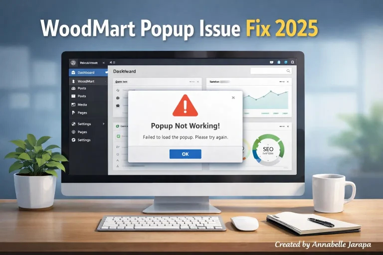 WordPress dashboard showing WoodMart popup issue, tutorial style illustration