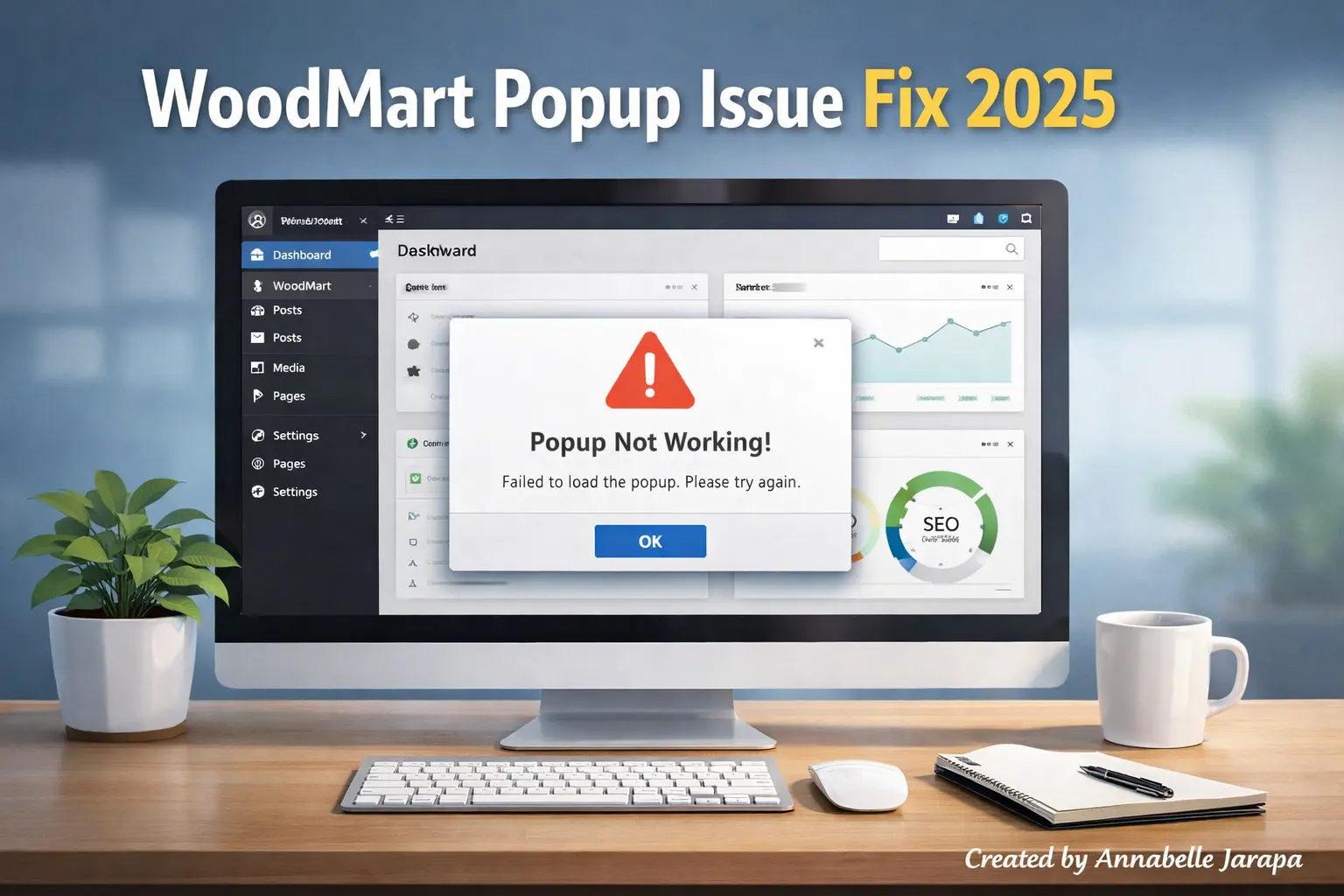 WordPress dashboard showing WoodMart popup issue, tutorial style illustration