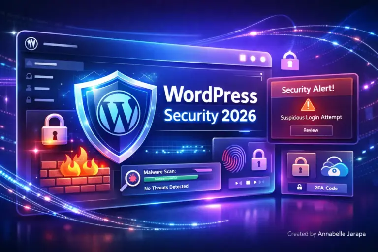 Secure WordPress website dashboard with shield, lock icons, and cybersecurity elements for 2026 protection