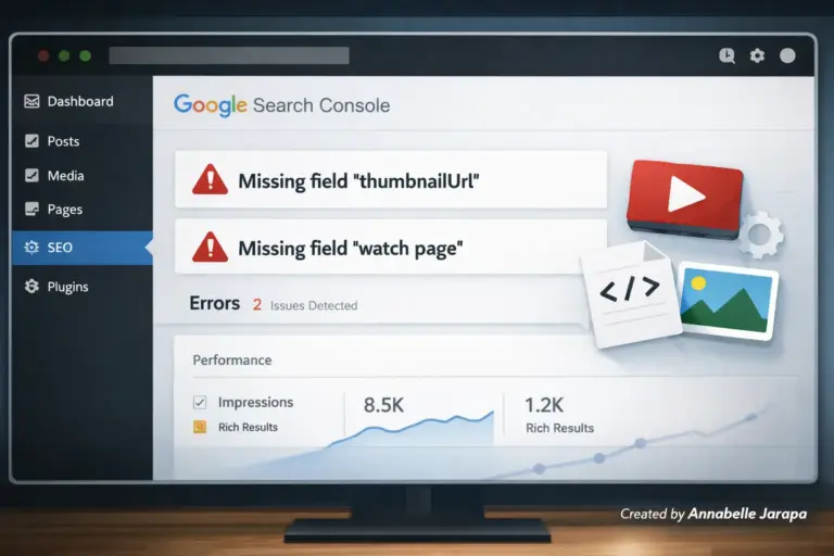 Google Search Console missing thumbnailUrl and watch page error overview