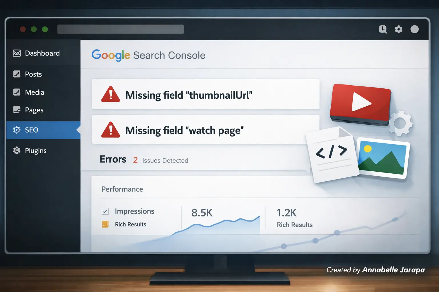 Google Search Console missing thumbnailUrl and watch page error overview