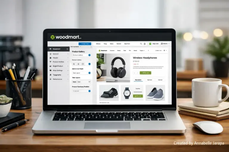 WoodMart WordPress theme customization dashboard with WooCommerce product layout preview on laptop
