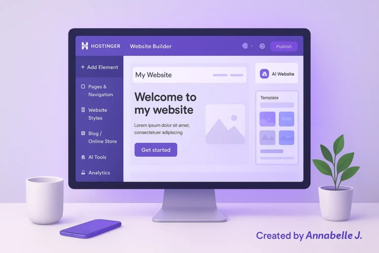 Screenshot-style illustration of the Hostinger Website Builder editor with drag-and-drop tools open.