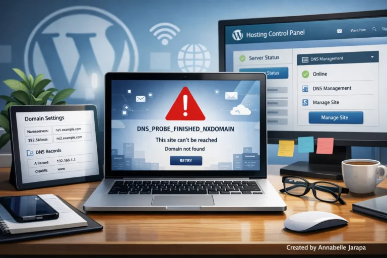 DNS_PROBE_FINISHED_NXDOMAIN error on WordPress website illustration