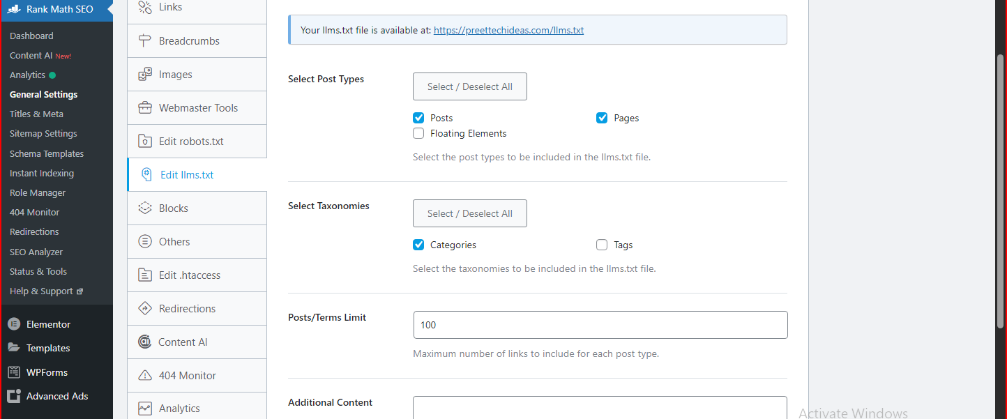 Llms.txt Settings rank math