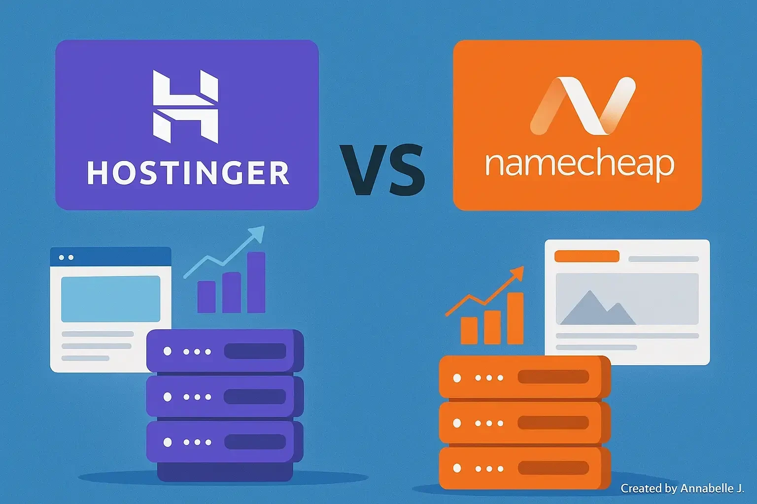 Hostinger vs Namecheap 2025 web hosting comparison showing servers and performance charts