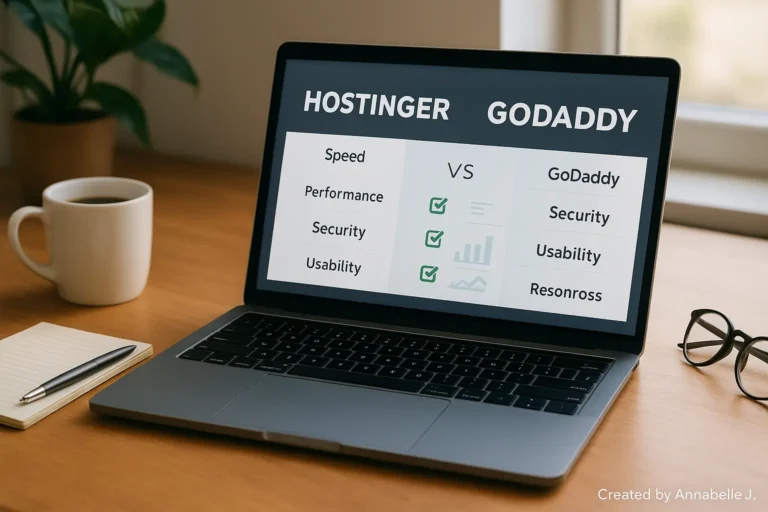 Hostinger Vs Godaddy: Best Hosting In 2025 1 Side-by-side comparison of Hostinger and GoDaddy dashboards on a laptop in a modern workspace, highlighting speed, performance, and features.