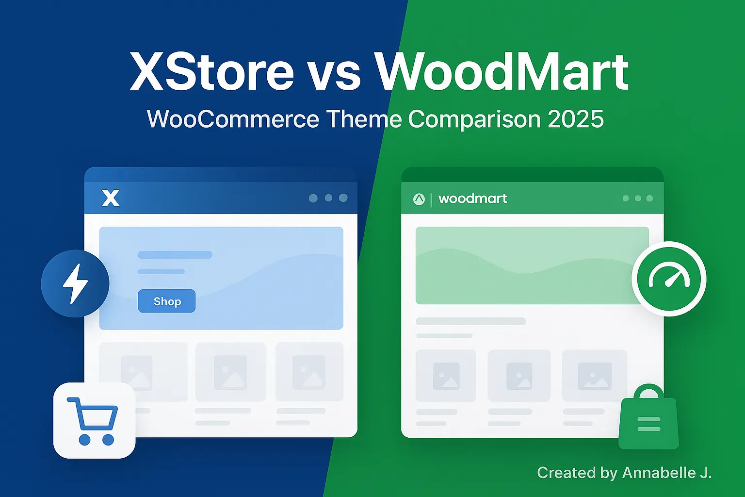 HD comparison image of XStore vs WoodMart WooCommerce themes in 2025.