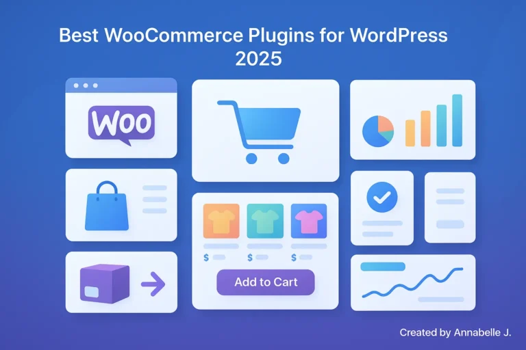 Realistic illustration of top WooCommerce plugins for WordPress in 2025 with modern UI panels and eCommerce elements.