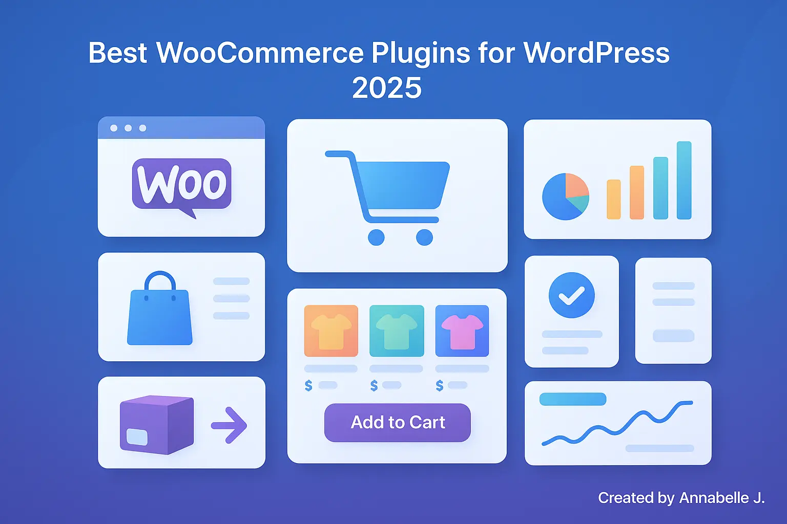 Realistic illustration of top WooCommerce plugins for WordPress in 2025 with modern UI panels and eCommerce elements.