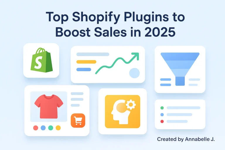 Top Shopify Plugins You Must Use To Boost Sales In 2025 3 High-quality illustration showing top Shopify plugins for boosting store sales in 2025 with modern UI panels and eCommerce elements.