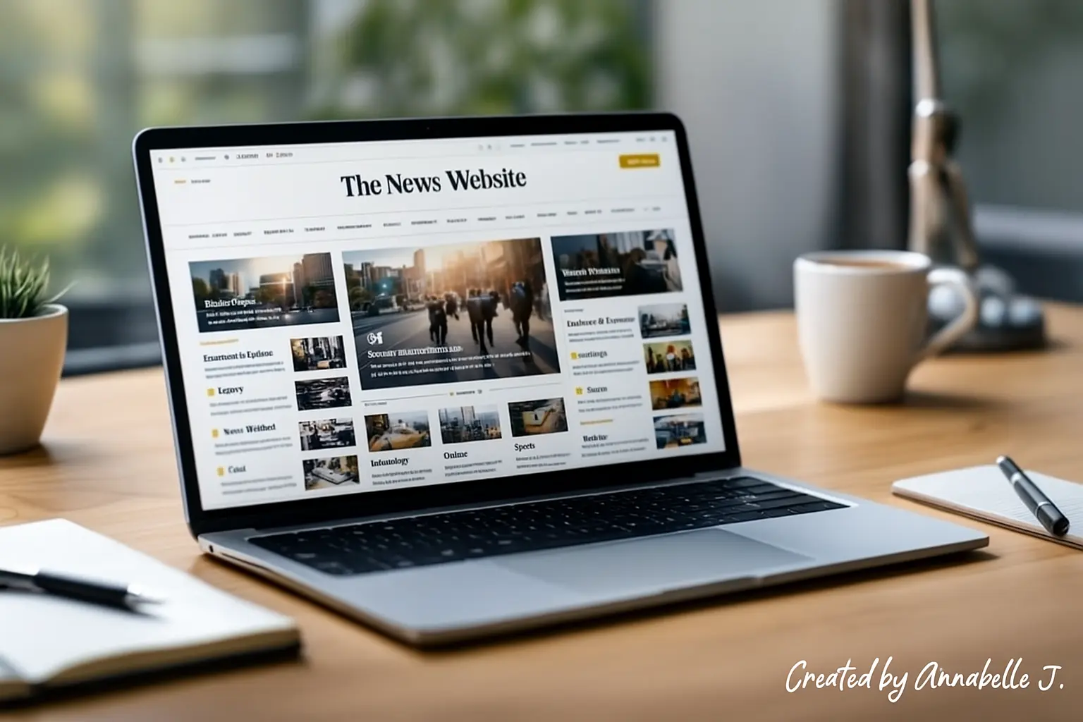 Realistic workspace with a laptop showing a WordPress news website layout for a 2025 tutorial.
