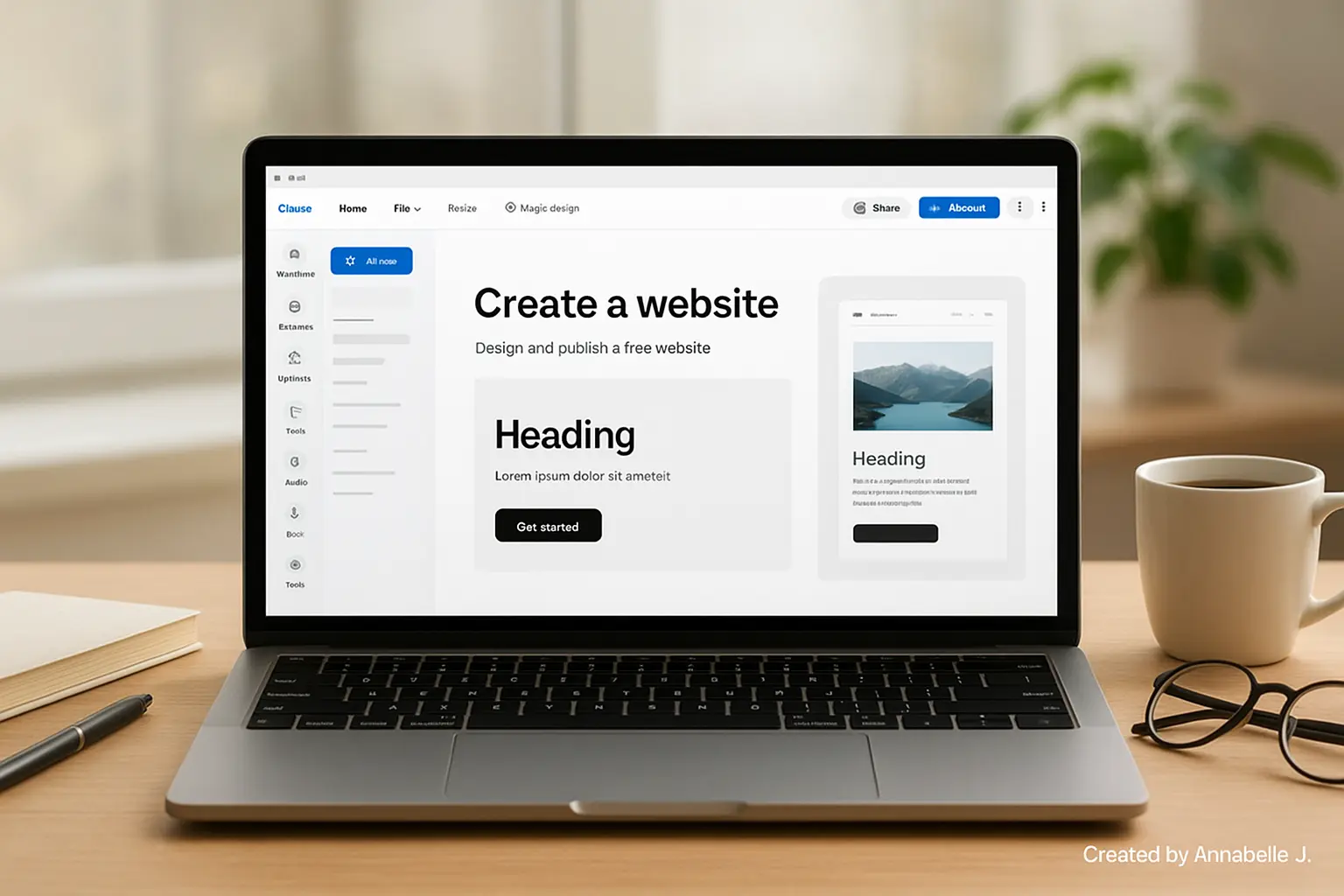 Laptop screen showing Canva AI website builder interface on a clean modern workspace.
