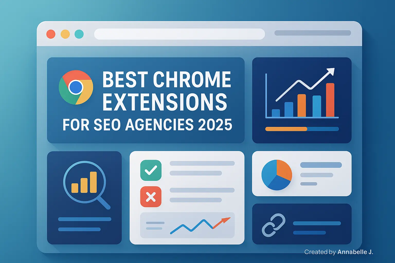 Realistic 2025 illustration of the best Chrome extensions for SEO agencies with browser panels, analytics charts, and SEO tool icons.