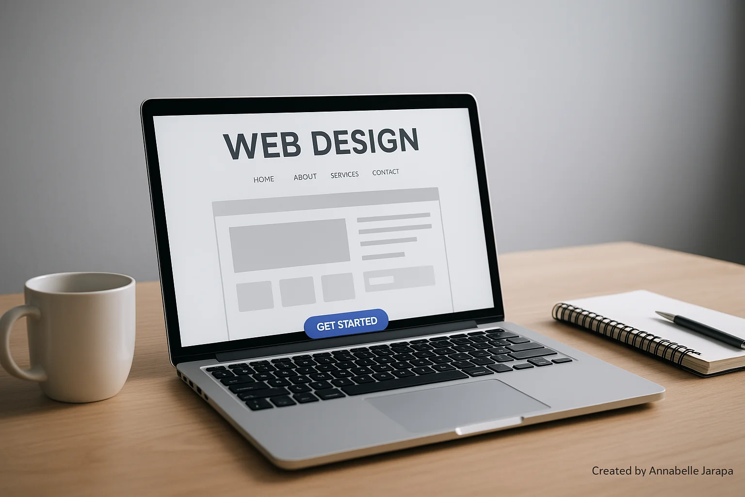 Professional website design workspace in 2025 with laptop and clean layout.