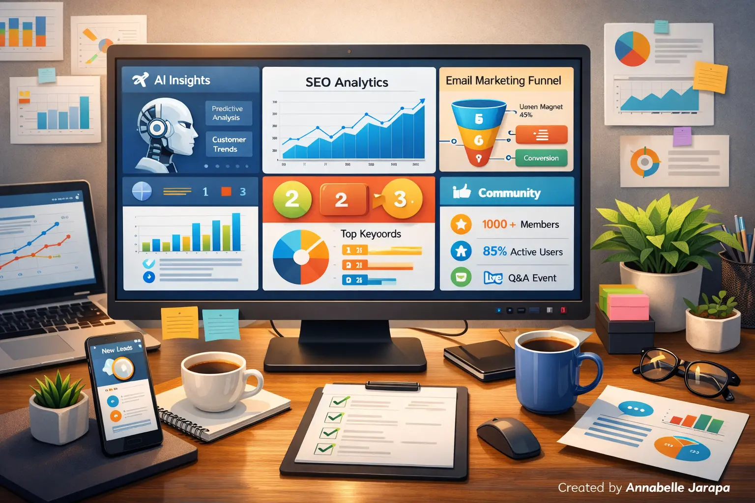 Small business marketing dashboard with AI insights, SEO metrics, and email funnels