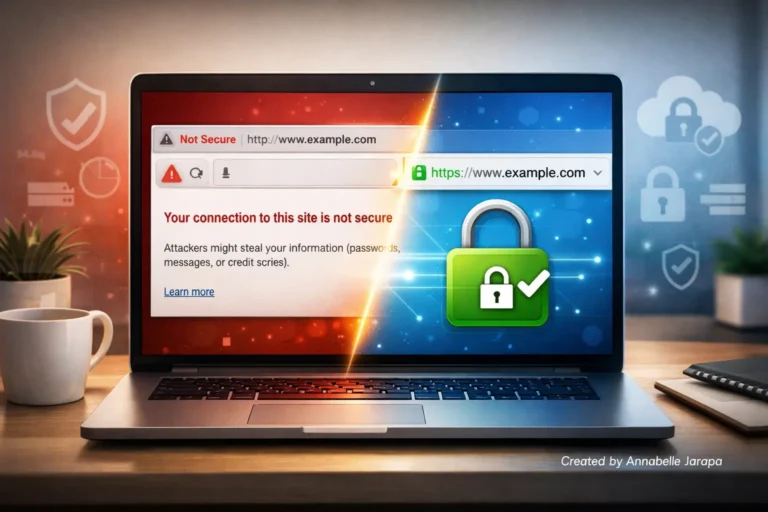 Chrome warning “Your Connection to This Site Is Not Secure” on a WordPress website with HTTPS security fix illustration