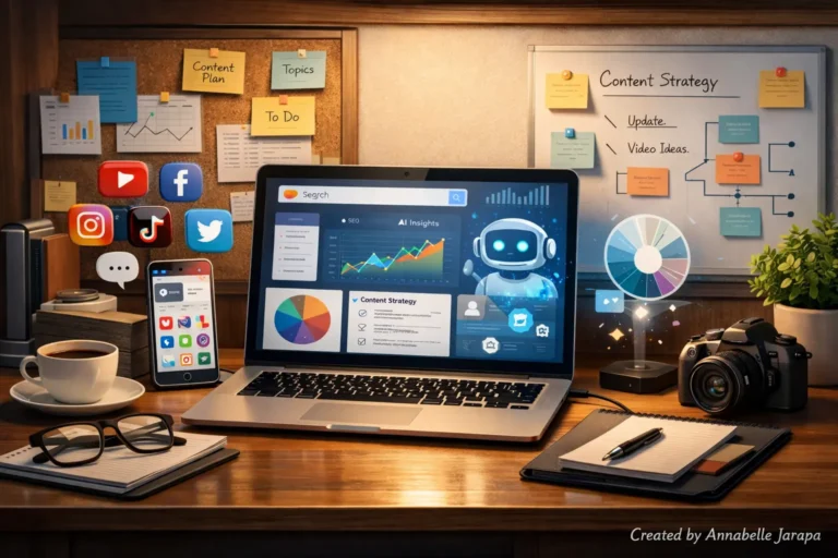 Blogger preparing for 2026 search and social media changes with analytics and content strategy