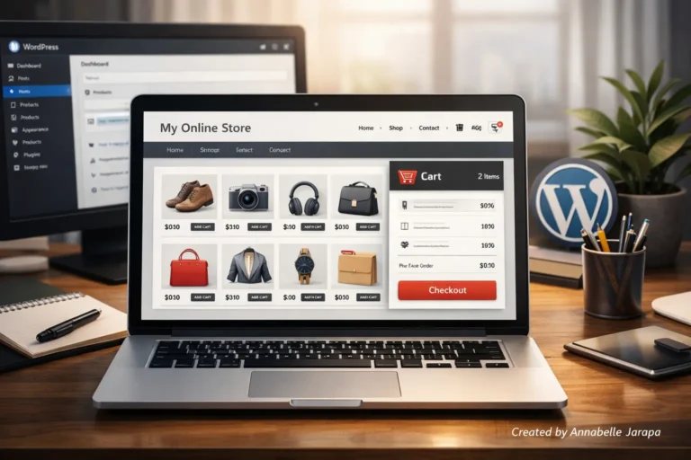 Build a free eCommerce store using WordPress with a modern online shop layout displayed on a laptop