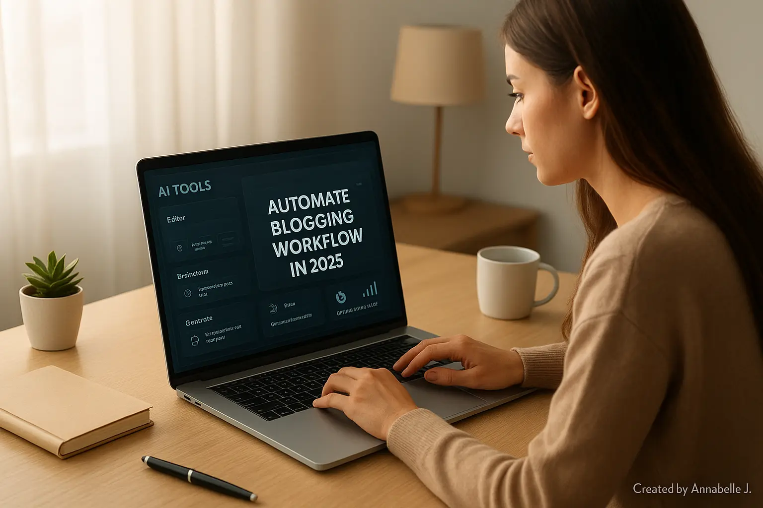 Blogger using AI tools on a laptop to automate the blogging workflow in 2025, at a clean modern desk