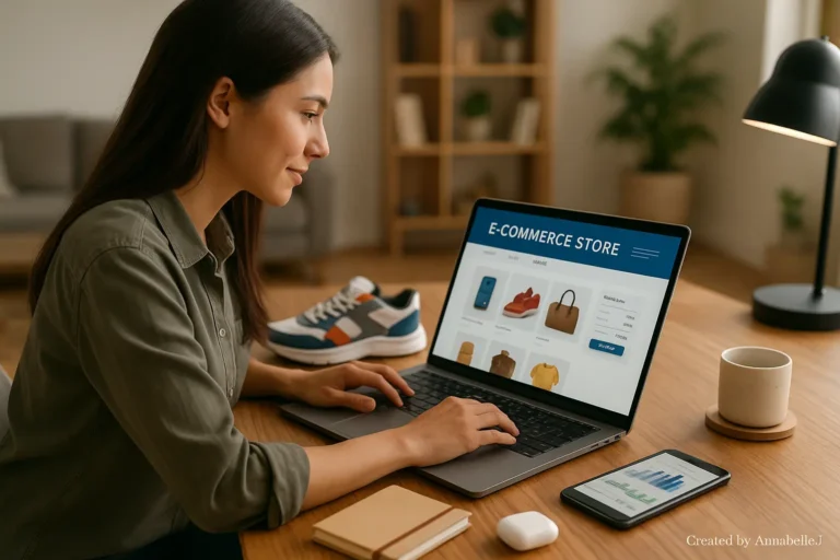 How To Start A Successful E-Commerce Store In 2025 (Complete Guide) 1 Entrepreneur building a 2025 e-commerce store on a laptop with products, analytics, and workspace tools.