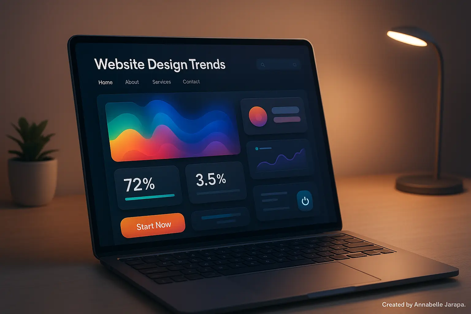 A realistic 2025 modern website design dashboard on a laptop showing UI elements and conversion metrics.