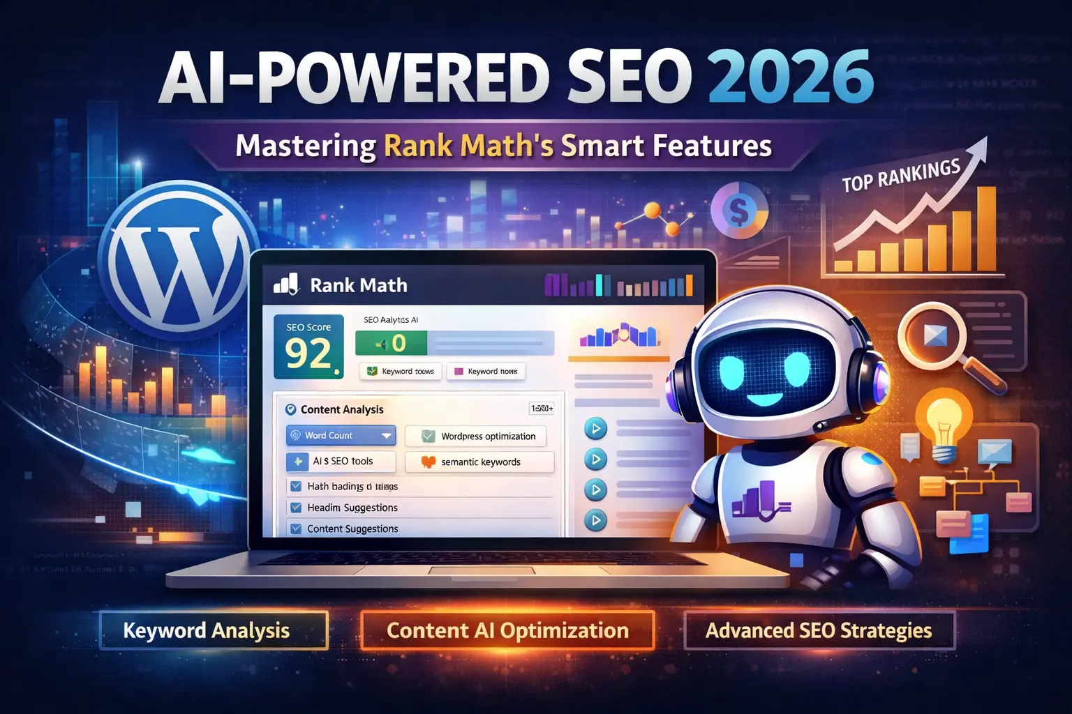 Rank Math Content AI dashboard in WordPress showing AI-powered SEO analysis, keyword suggestions, and optimization tools for 2026