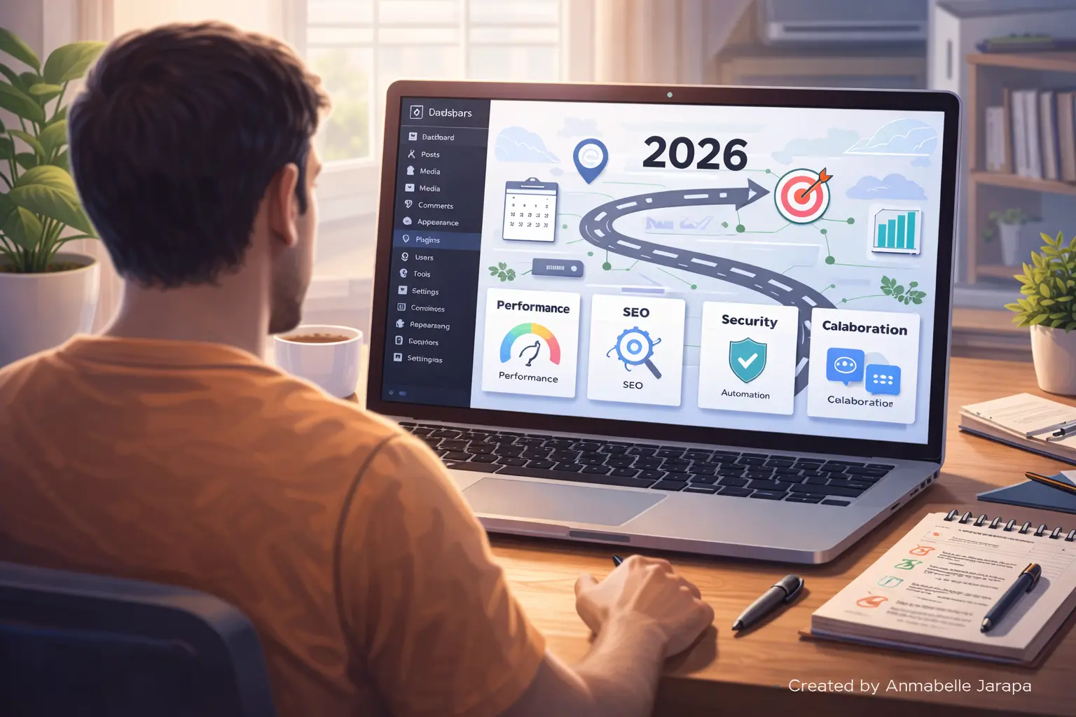 WordPress website owner reviewing plugin categories like performance, SEO, security, and automation for 2026