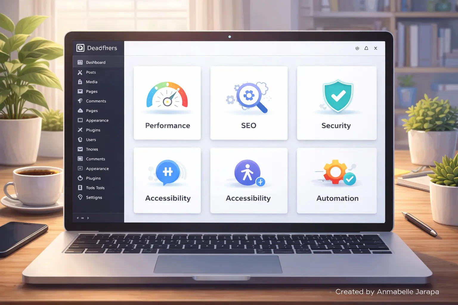 WordPress dashboard displaying organized plugin categories like performance, SEO, security, accessibility, and automation