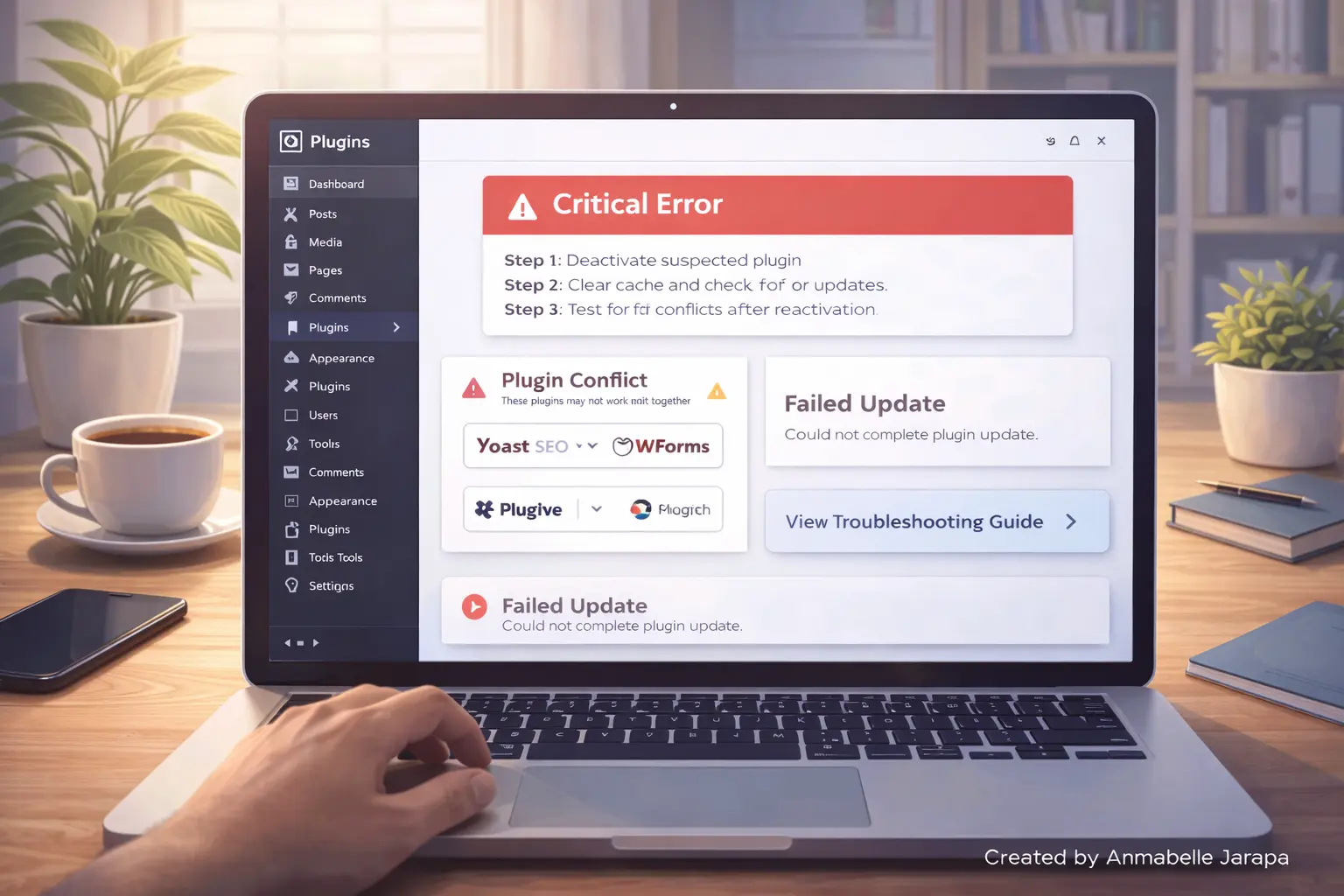 WordPress troubleshooting scene showing plugin conflict messages, error alerts, and step-by-step fixes on a laptop screen