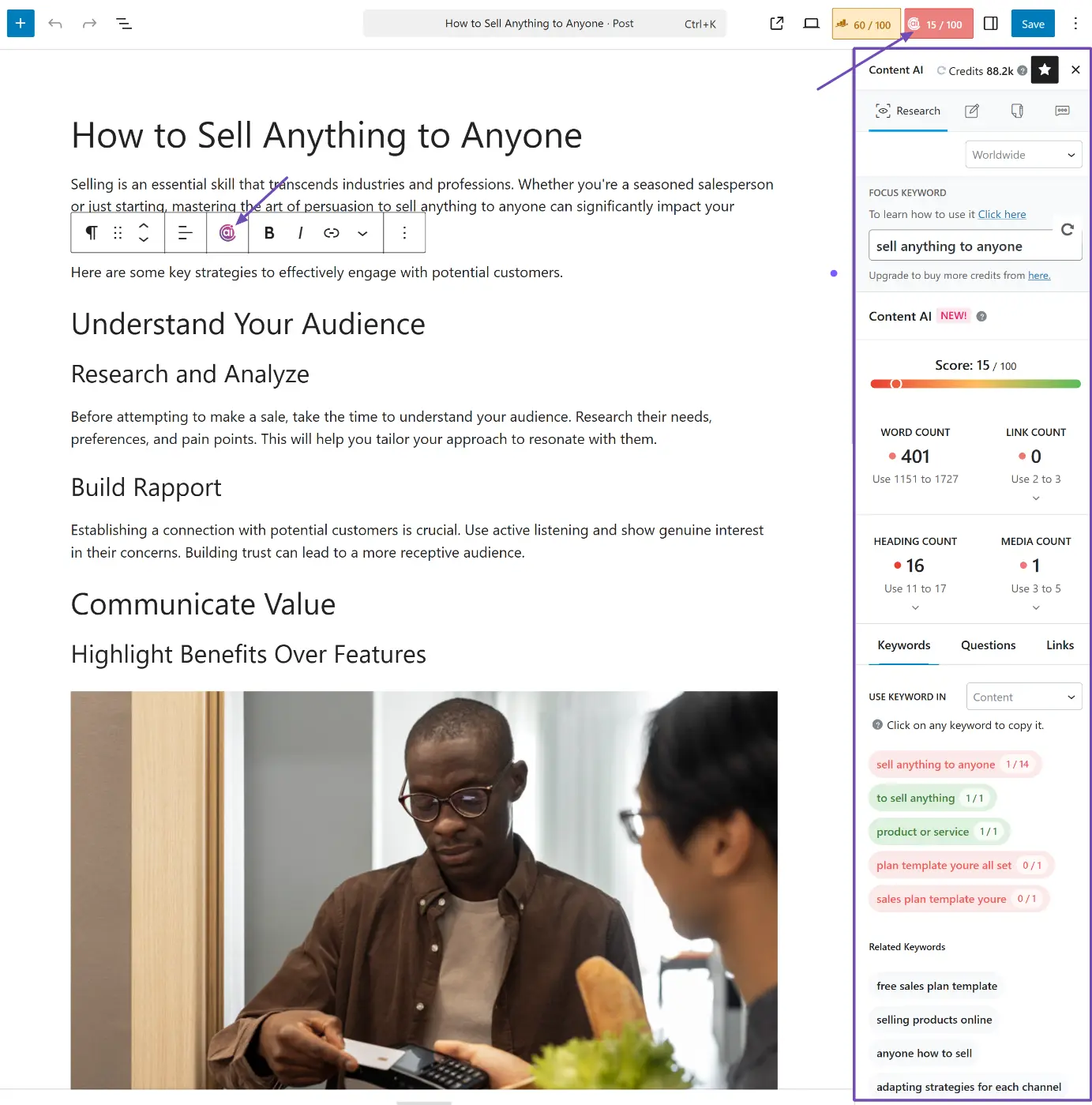 Using Rank Math Content AI panel inside the WordPress editor to analyze SEO score and keyword usage