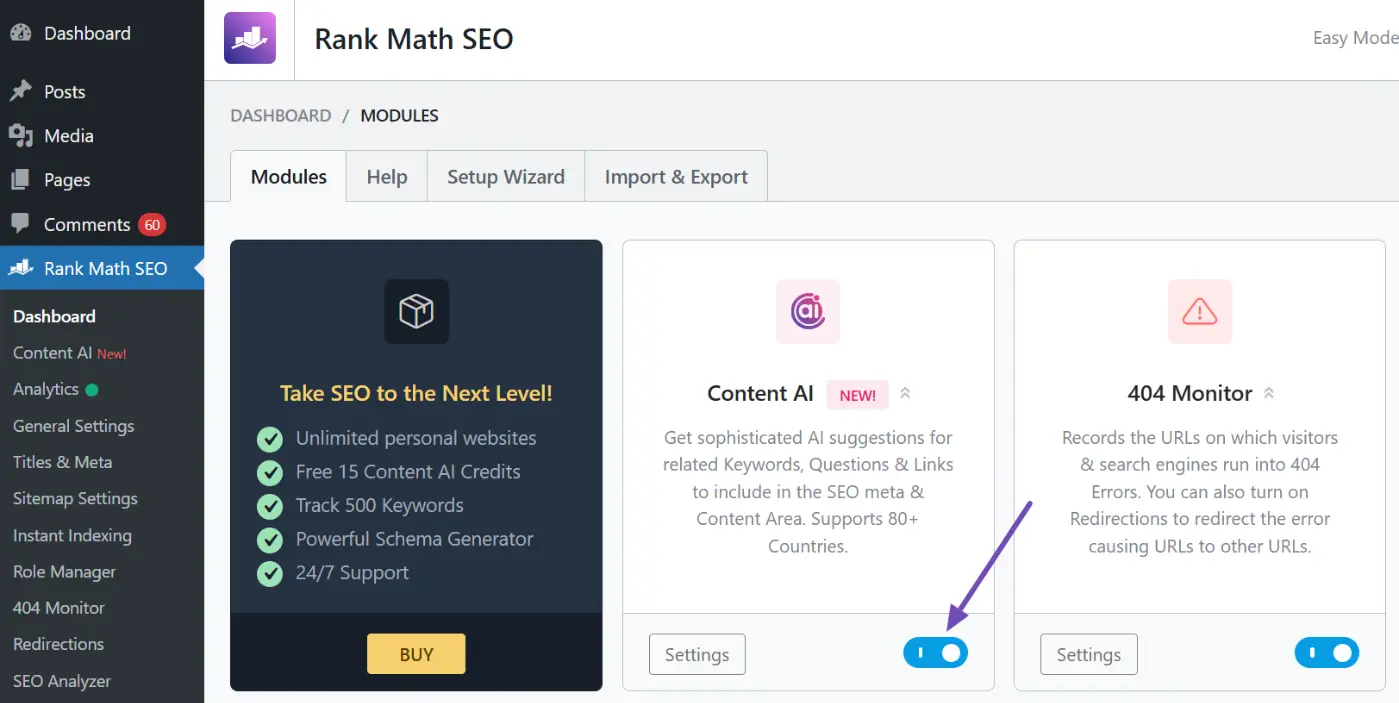 Enabling Rank Math Content AI module from the Rank Math SEO dashboard in WordPress