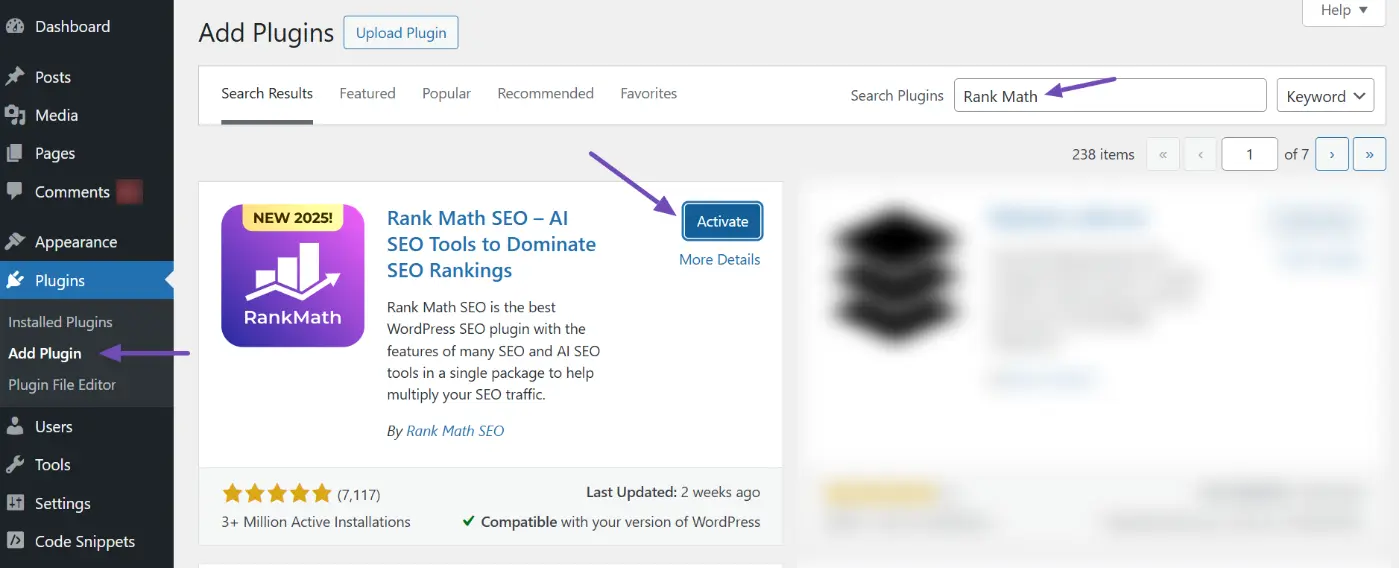 Installing Rank Math SEO plugin from the WordPress plugin directory dashboard