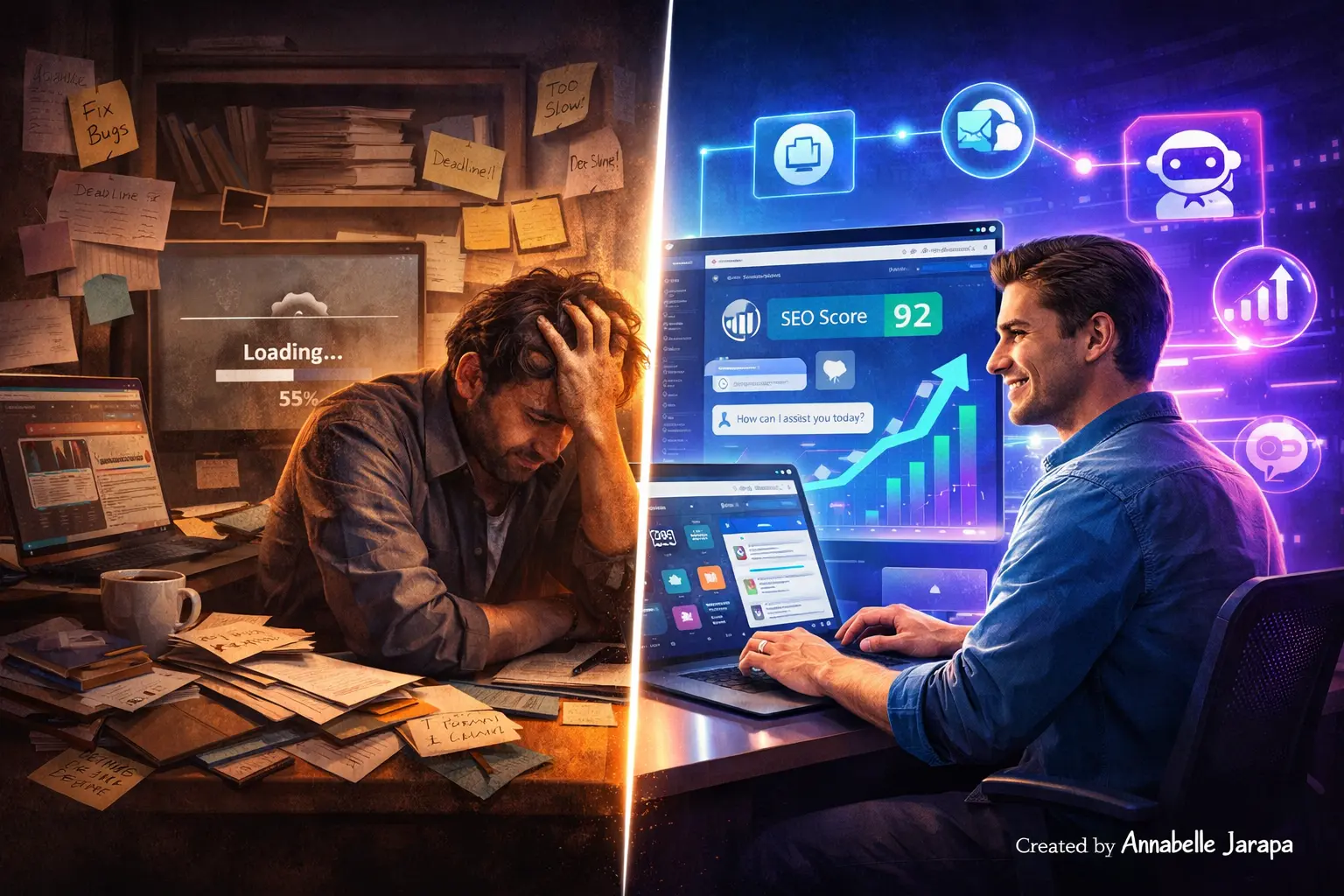 Split scene showing manual WordPress work vs AI automation tools improving SEO and workflow