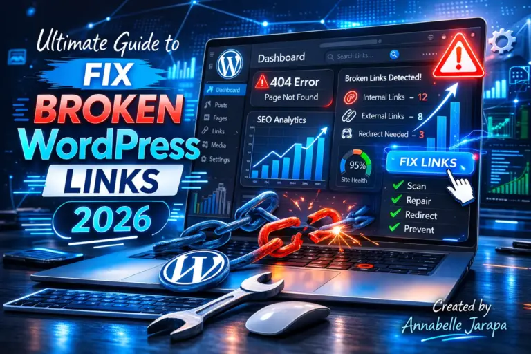 WordPress dashboard showing broken links and 404 errors being fixed