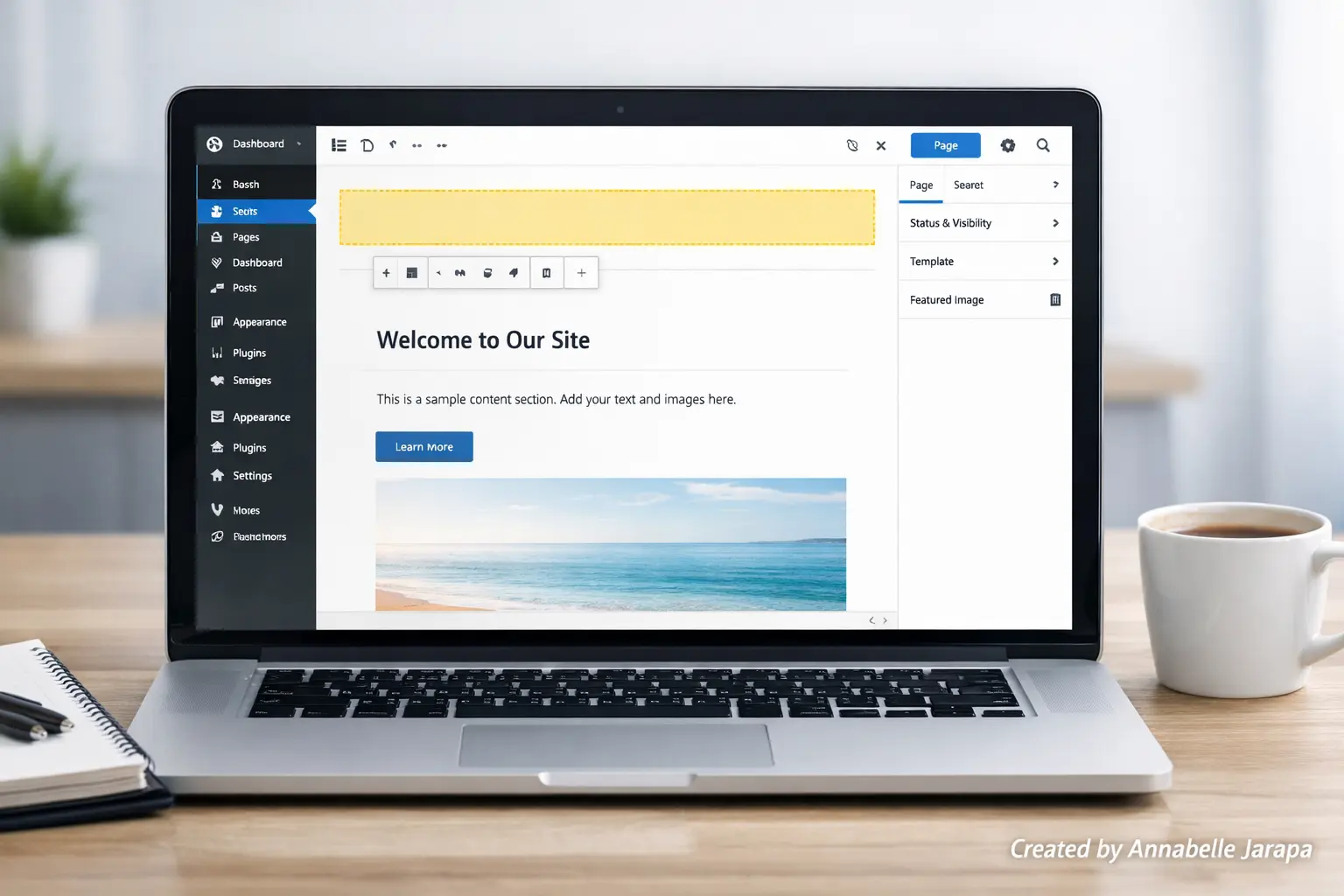 WordPress dashboard showing how to hide page title from a webpage layout.